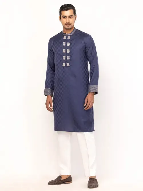 Navy Blue Textured and Erri Embroidered Viscose Panjabi Pajama Set